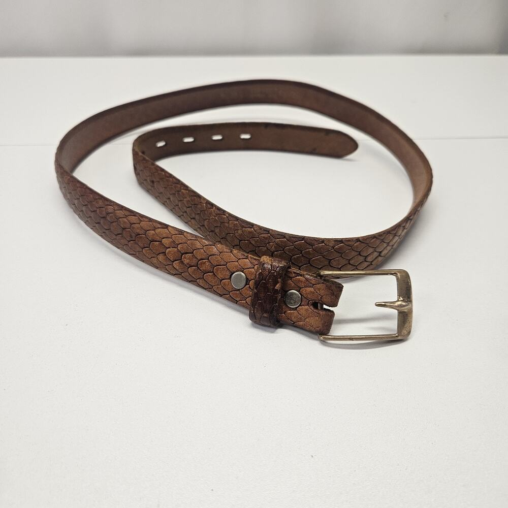 70s Handmade Top Grain Cowhide Leather Belt Sz 40 Solid Bronze Buckle Embossed